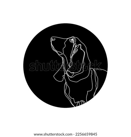 Black silhouette of the Basset Hound dog (head) in black circle. Graphic drawing. Vector illustration.