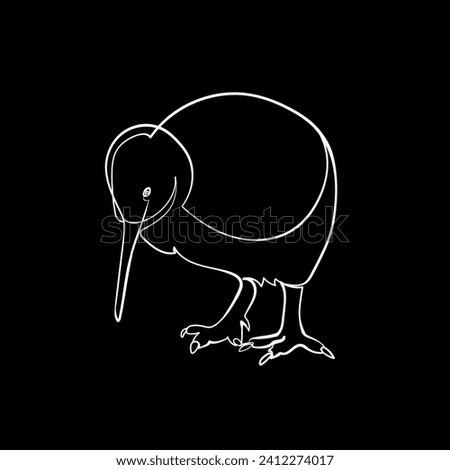 White outline kiwi bird on black background. Graphic drawing. Vector illustration.