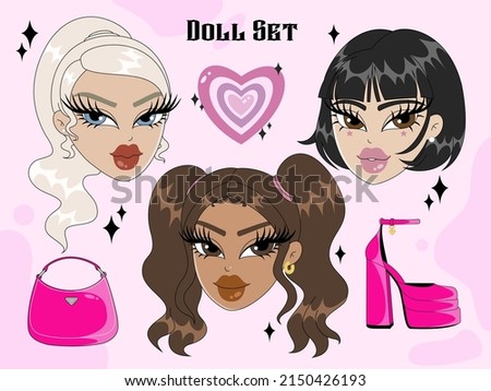Set of modern glamour female characters. Vector set of Versace shoes, Prada bag, colourful heart, bratz dolls. Template for card, poster, banner, stickers, print for t-shirt, pin, badge.