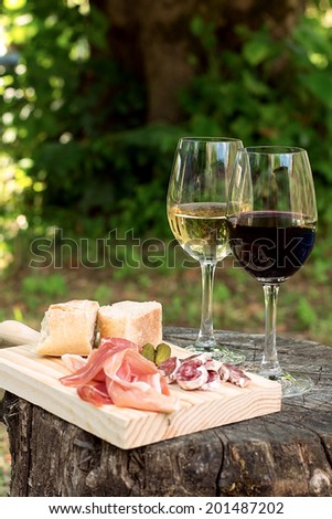 Red and white wine in a glass with sausage, ham in the nature. Selective focus on the wine