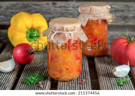 Canned tomato stew salad with sweet pepper Lecho/Lecso and vegetables