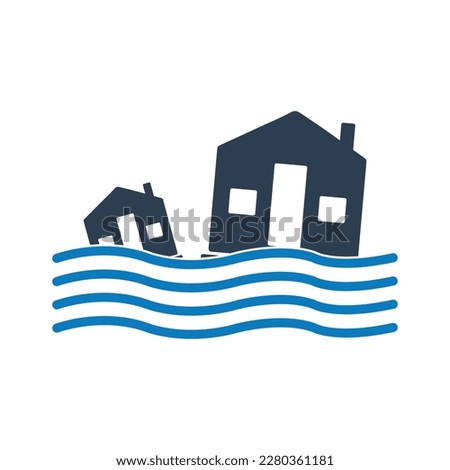 Flood Icon. Contain House and Wave Signs. Editable Vector EPS Symbol Illustration.