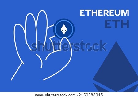 Hand holding Ethereum cryptocurrency editable vector. ETH logo, crypto flat design banner.  (eth) token on blue background, for apps, web and animation.