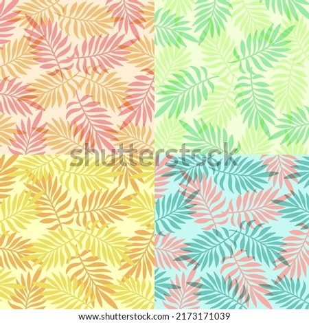 Tropical Palm Leaves Background Set. Multicolored Collection of Simple Plant Leaves Backgrounds, Set of Four, Square Formate. For Usage in Social Media, Web Design, Menu, Cafes. Сток-фото © 