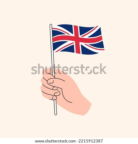 Cartoon Hand Holding British Flag Drawing. Flag of United Kingdom, Hand Drawn Illustration, Flat Design Isolated Vector Icon.