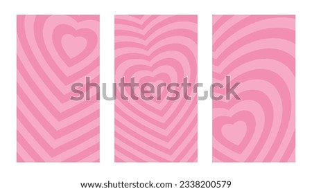 Set of 3 Heart Shaped Concentric Stripes Pink Backgrounds. Romantic and Cute Backdrops for Specials, Social Media and Design, Vertical Composition, Set of Story Template