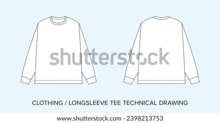 Blank Long-sleeve Tee Technical Drawing, Apparel Blueprint for Fashion Designers. Detailed Editable Vector Illustration, Black and White Clothing Schematics, Isolated Background