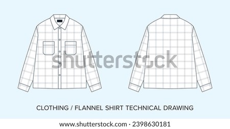 Flannel Shirt Technical Drawing, Apparel Blueprint for Fashion Designers. Detailed Editable Vector Illustration, Black and White Clothing Schematics, Isolated Background