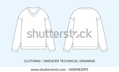 V-Neck Sweater Technical Drawing, Apparel Blueprint for Fashion Designers. Detailed Editable Vector Illustration, Black and White Clothing Schematics, Isolated Background