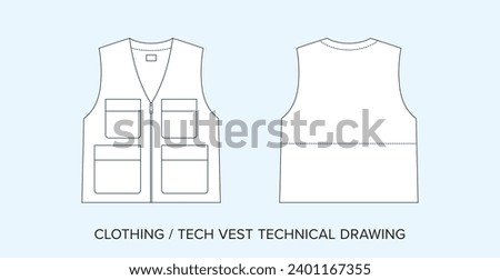 Utility Vest Technical Drawing, Apparel Blueprint for Fashion Designers. Detailed Editable Vector Illustration, Black and White Utility Clothing Schematics, Isolated Background