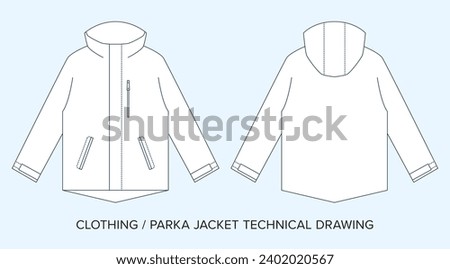 Blank Hooded Parka Jacket Drawing, Apparel Blueprint for Fashion Designers. Detailed Editable Vector Illustration, Black and White Clothing Schematics, Isolated Background