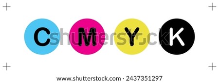 Cmyk print icon, circles in cmyk colors with Print Marks, Cyan, magenta, yellow, key, black, isolated on white background