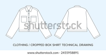 Blank Cropped Box Shirt Technical Drawing, Apparel Blueprint for Fashion Designers. Detailed Editable Vector Illustration, Black and White Clothing Schematics, Isolated Background