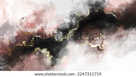 Luxury abstract fluid art painting in alcohol ink technique, mixture of black, gray and gold paints. Imitation of marble stone cut, glowing golden veins. Tender and dreamy design.
