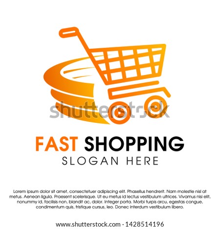 Fast shopping concept logo design template. Shopping cart vector illustration isolated on white background. Shopping cart in motion logo design. Shopping cart swoosh wind logo design template.