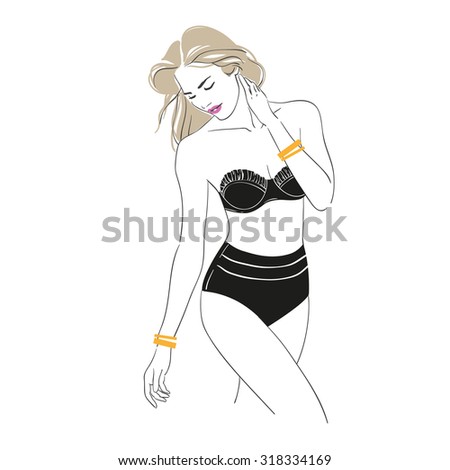 Art background with standing beautiful young sexy woman in black  swimsuit with long  blonde hair, sketch  hand drawn illustration.
