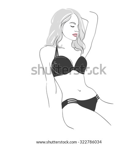 Art background with lies beautiful young sexy woman in black  swimsuit with long  blonde hair, sketch hand drawn illustration.
