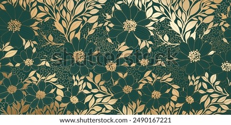 Golden Metallic Foiled Contour Flowers and Leaves on Brunswick Green Color Backdrop. Luxurious Art Deco Wallpaper Design for Print, Poster, Cover, Banner, Invitation, Package, Beauty Products.