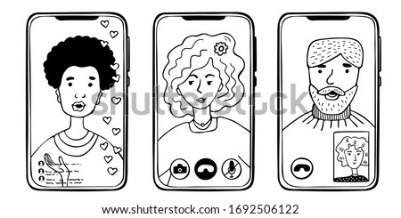 Phones with people using virtual communication. Video call, stories, video connection. Monochrome image on a white background.