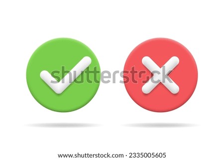 3d tick and X icons set. Checkmark and cross mark buttons. Yes and no X marks in green and red circles. Vector illustration for ui, infographic, website, app, web use
