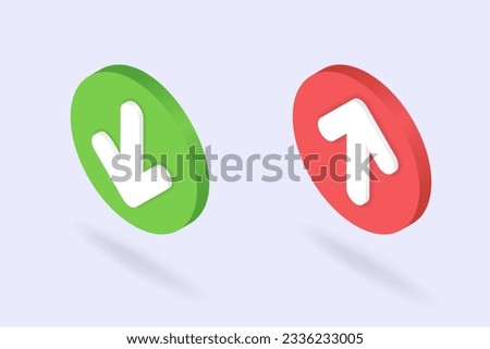 Isometric download and upload buttons set. 3d file loading icon presented at left angle. Up and down arrows as file uploading, data transfer symbol. Vector illustration isolated on white background
