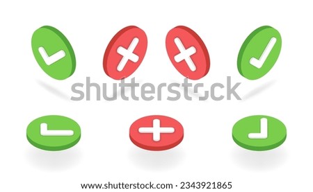 Isometric checkmark and cross mark button set. 3d tick and X icons. Yes and no X marks in green and red circles at different view angles. Vector illustration for ui, infographic, website, app use