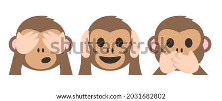 gandhi's three monkeys emoji icon set .  see no evil , hear no evil , speak no evil . monkeys face flat vector illustration icon isolated on white background .