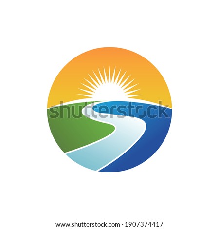 hill and river logo on circle. sunrise icon illustration