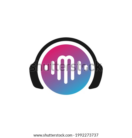 music logo with headphones silhouette. music wave icon