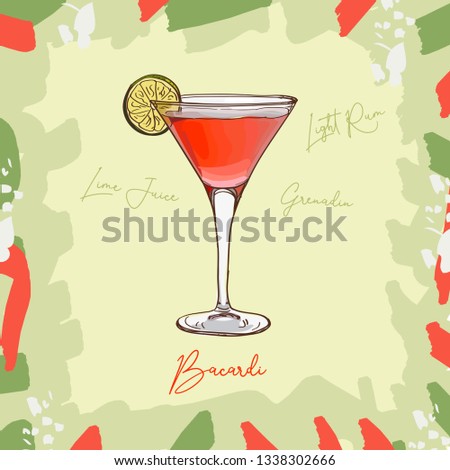 Baccardi Unforgetable Classics light rum, pomegranate syrup and lime juice bar alcoholic drink. Vector hand drawn menu design image collection. Sketch isolated illustration of cocktail.