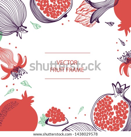 Fruit pomegranate text frame hand drawn flat template. Rosh hashana card - Jewish New Year. Vector design with botanical illustration of pomegranate. For business, posters, covers, web and flyer print
