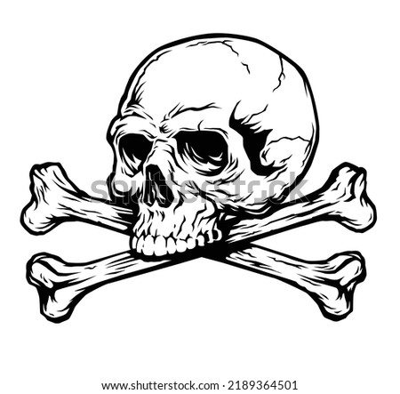 Crossbones with side view skull illustration on white background