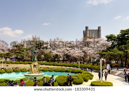 SEOUL, KOREA-APRIL 18: Students are walking at the campus which is lined with cherry trees of full blossoms in Kyung Hee University on April 18, 2013 in Seoul, Korea.