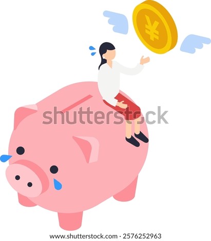 An isometric illustration of a saddened woman and a piggy bank losing money