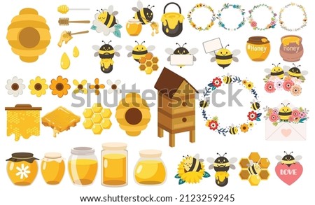 Set of cute bee , honey , house bee, jar and flower in flat vector style. Graphic resource about nature for background, graphic,content , banner, sticker.