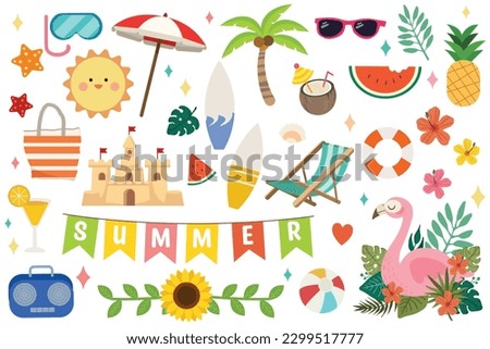 Set of cute summer icons: food, drinks, palm leaves, fruits and flamingo. Bright elements of party Summer. Essentials set for beach. Flat Vector illustrations.