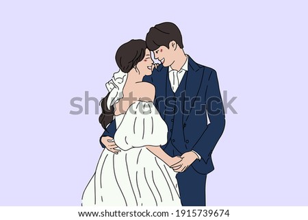 Groom and bride characters collection in wedding dresses. Hand drawn style vector design illustrations of wedding couple. Сток-фото © 