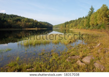 A still lake in Snowdonia National Park. Signs of autumn (fall) in the trees along the shore line. Reflections in the lake are present because of the stillness
