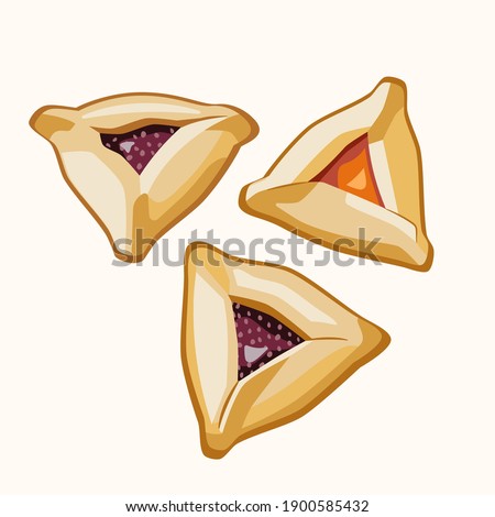 Set of Purim cookies Hamantaschen (Haman’s ears) traditional Jewish food. Vector illustration