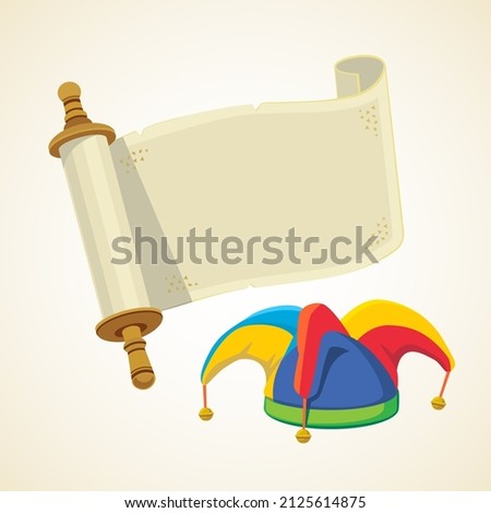 The Scroll of Esther and jester's hat. The Megillah (Book of Esther) with copy space. Concept for the Jewish holiday Purim Foto stock © 
