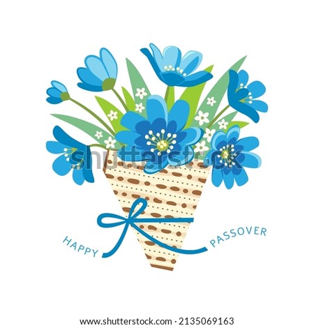 Passover vector illustration with spring flower bouquet and matzah piece. Happy Passover Jewish holiday design