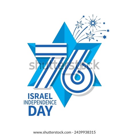 Logo for the 76rd Independence Day of Israel. Star of David with number 76 in the form of the Israeli flag and fireworks