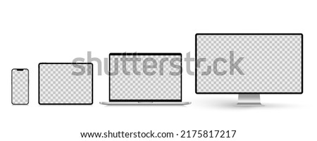 A set of isolated smart devices mockup with blank screen: smartphone, tablet, laptop and desktop on white background. Stock royalty free vector illustration