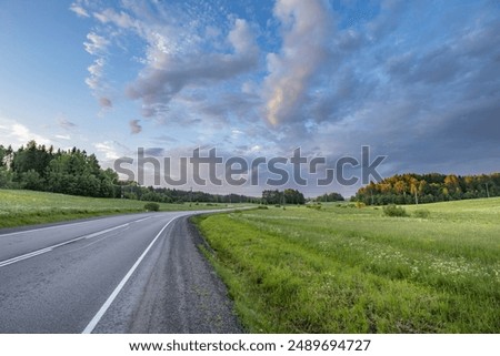 Similar – Image, Stock Photo Fields and Road with Bird Flock in Summer Sky in Tuscany Italy