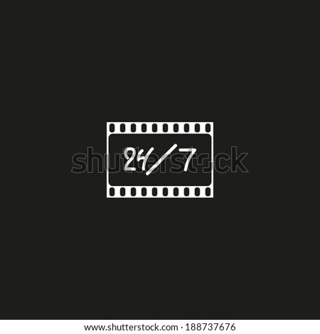 Cinema logo, movie theater sign, 24 hours a day and 7 days a week, film strip template, vector illustration