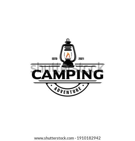 hand drawn camping logo with lantern Vintage emblem forest. Retro style camping camper explore. Outdoor adventure badge design. Travel and hipster mountain outdoor. Wilderness theme. Stock vector