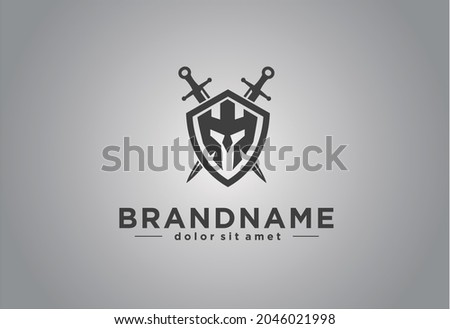 spartan helmet in shield and cross sword logo vector illustration silhouette black. template logo for military, armory, company, team, game