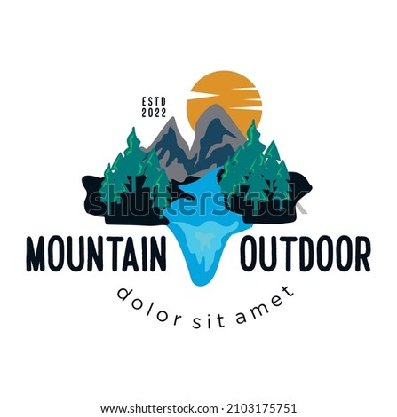 Mountain logo outdoor emblem. adventure wildlife pine tree forest design, hiking exploration nature, camping basecamp campfire alpine himalaya.