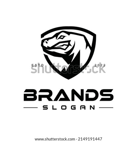 Shield Komodo dragon Logo Black Silhouette Icon Design Vector Stamp Illustration