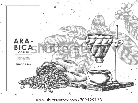 Vintage Coffee Bean In Sackcloth And Pour Over Stand By Pen Ink Sketch Drawing TechniqueVector Illustration Vintage Coffee Bean In Sackcloth And Pour Over Stand By Pen Ink Sketch Drawing TechniqueVector Illustration